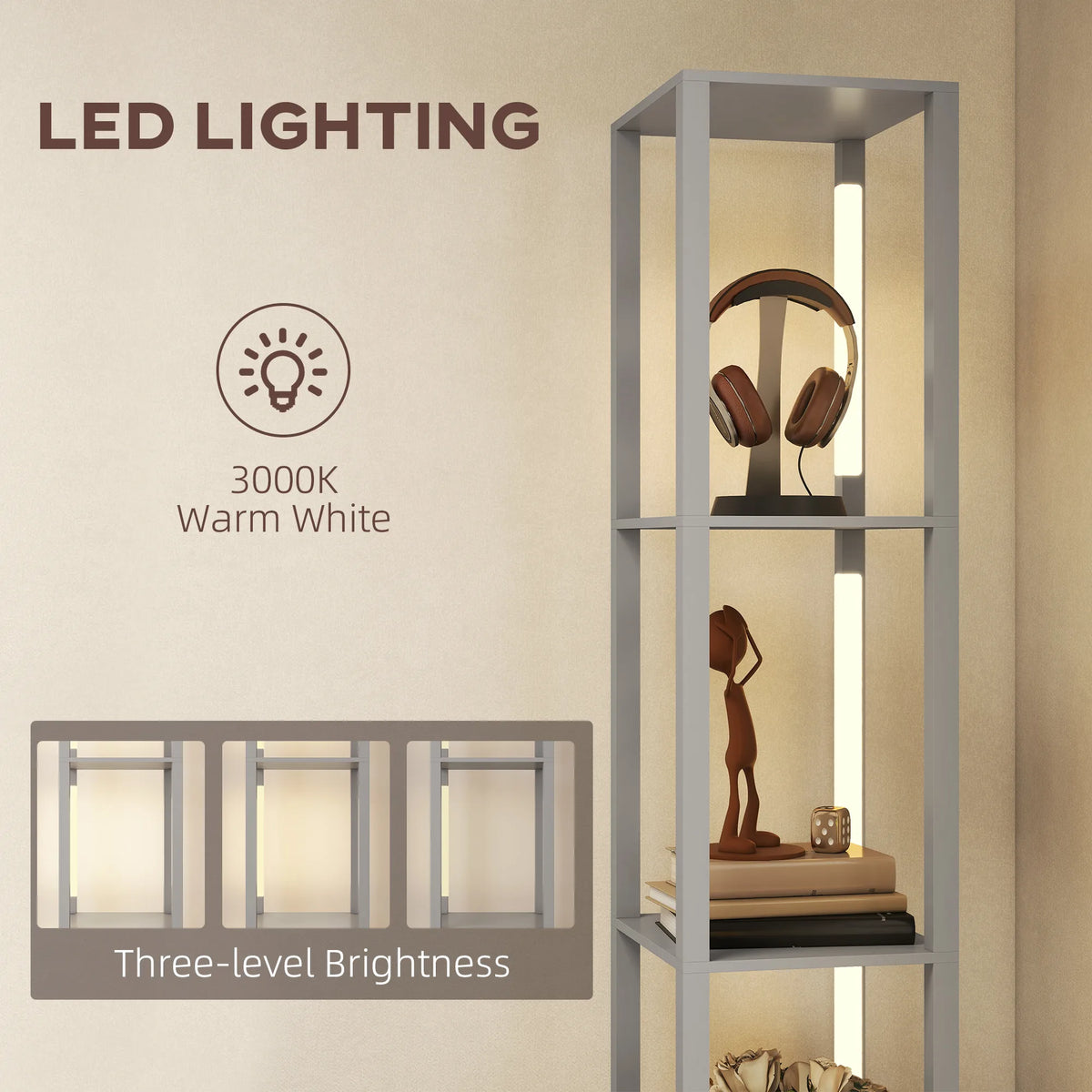 HOMCOM Floor Lamp with Shelves, LED Column Modern Standing Lamp with Fabric Drawer, Adjustable Brightness, Foot Switch for Living Room, Bedroom, Office, Grey