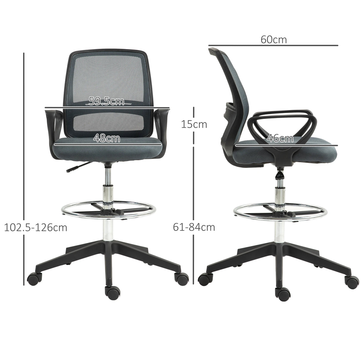 Vinsetto 102.5-126cm Draughtsman Office Chair, with Footrest - Grey