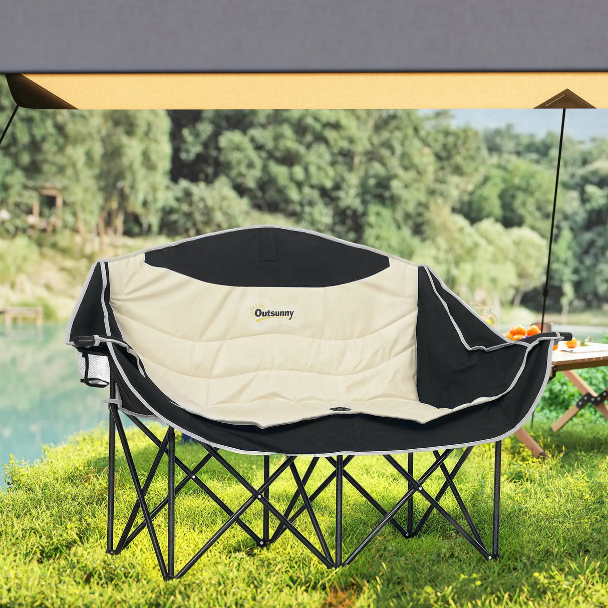 Outsunny Double Camping Chair for Adults, Oversized Heavy Duty Padded Folding Chair with Armrests, Cup Holders and Carry Bag for Outdoor Camping Hiking Picnic Fishing, 250kg Capacity, Khaki