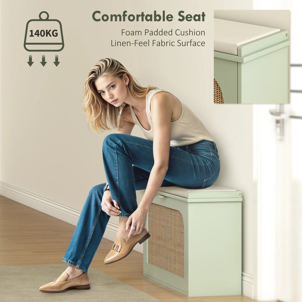 HOMCOM Boho Shoe Bench with Padded Seat and Flip-Drawer - Light Green