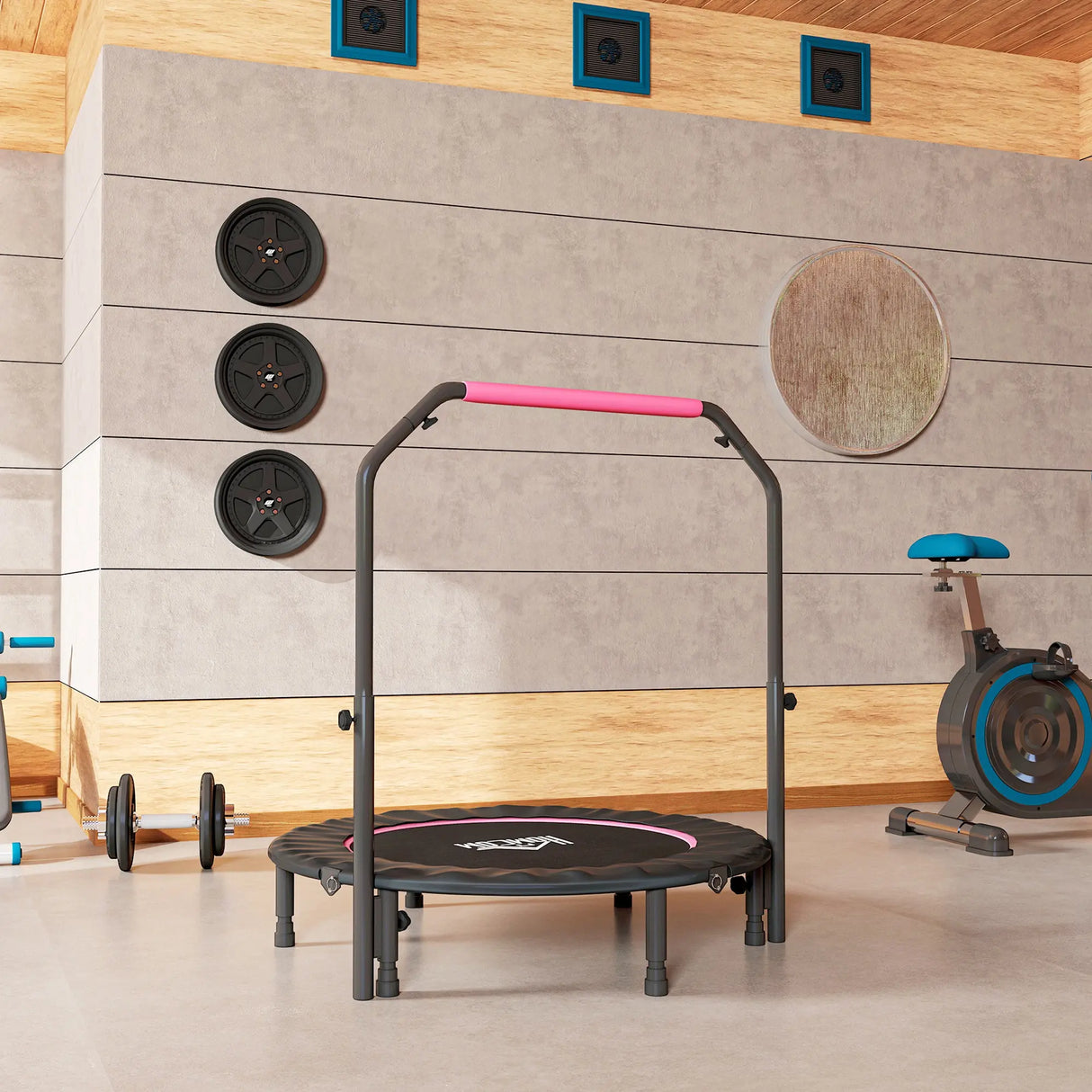 HOMCOM 45" Foldable Mini Fitness Trampoline, with Adjustable Foam Handle, Pink