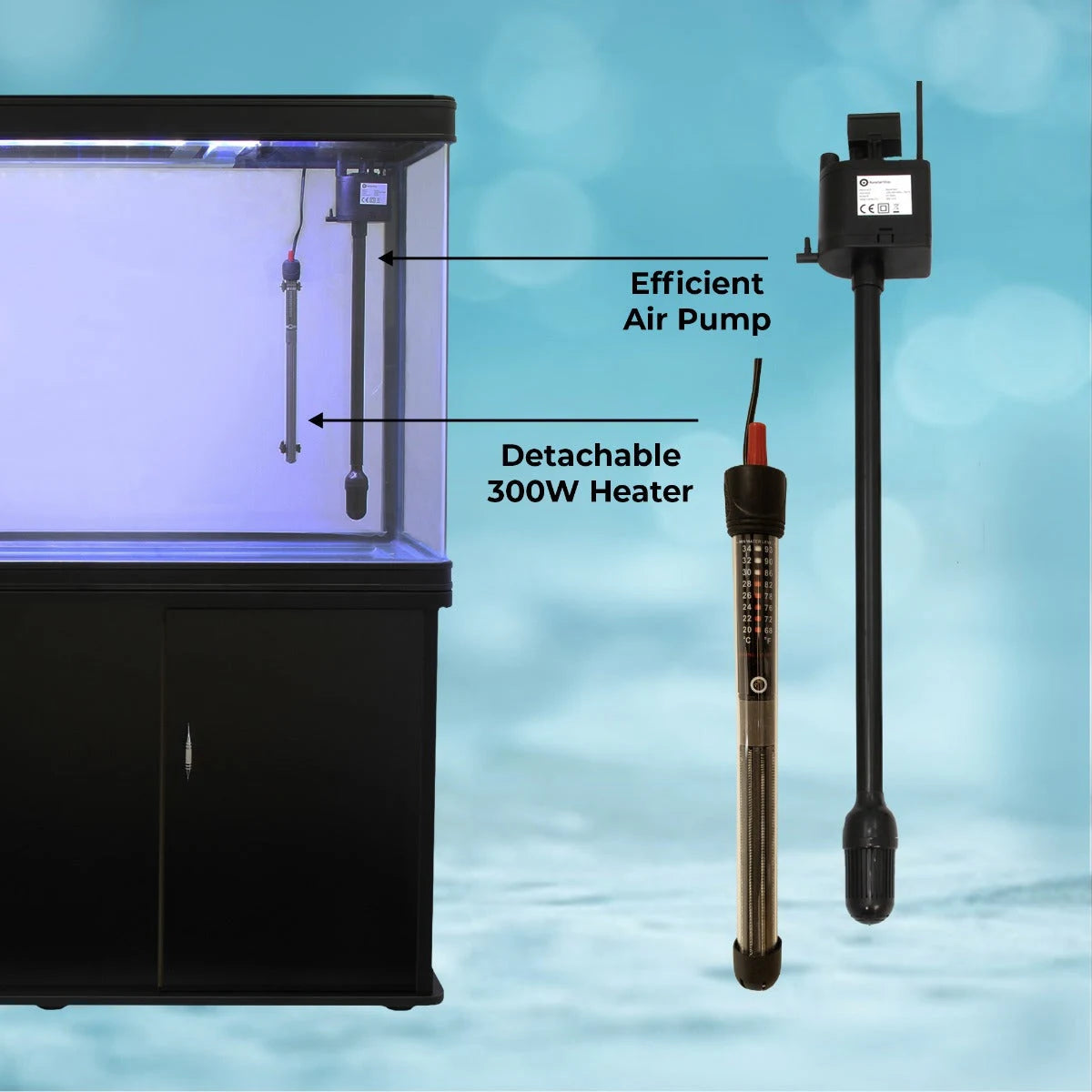 Aquarium Fish Tank & Cabinet with Complete Starter Kit - Black Tank & Blue Gravel