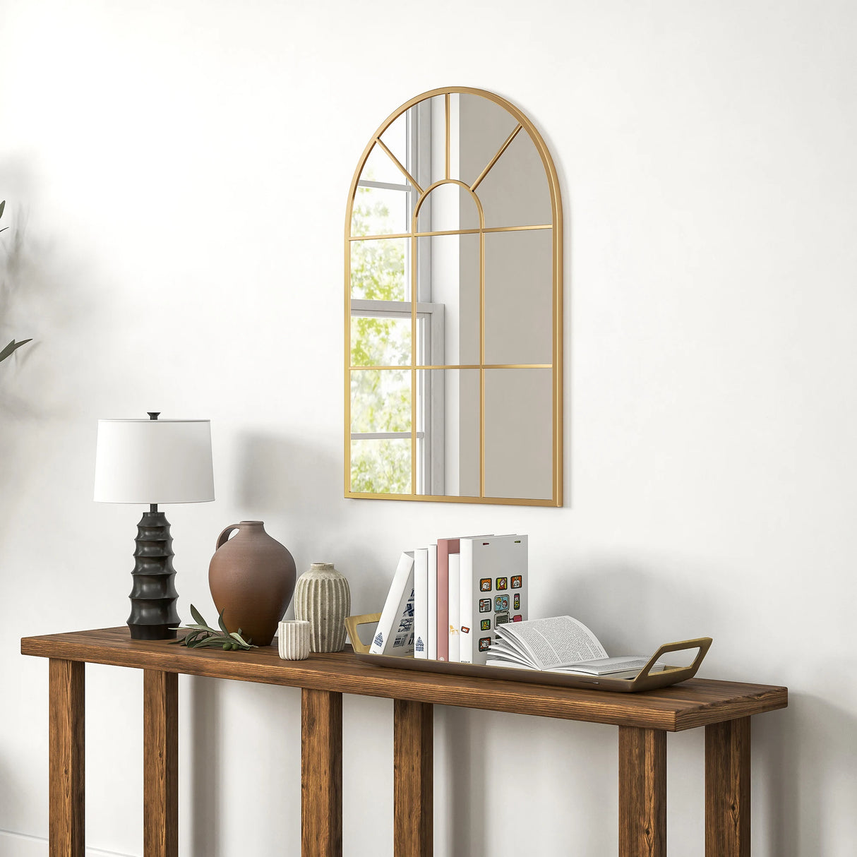 HOMCOM Modern Arched Wall Mirror, 91 x 60 cm Window Mirrors for Living Room, Bedroom, Gold Tone
