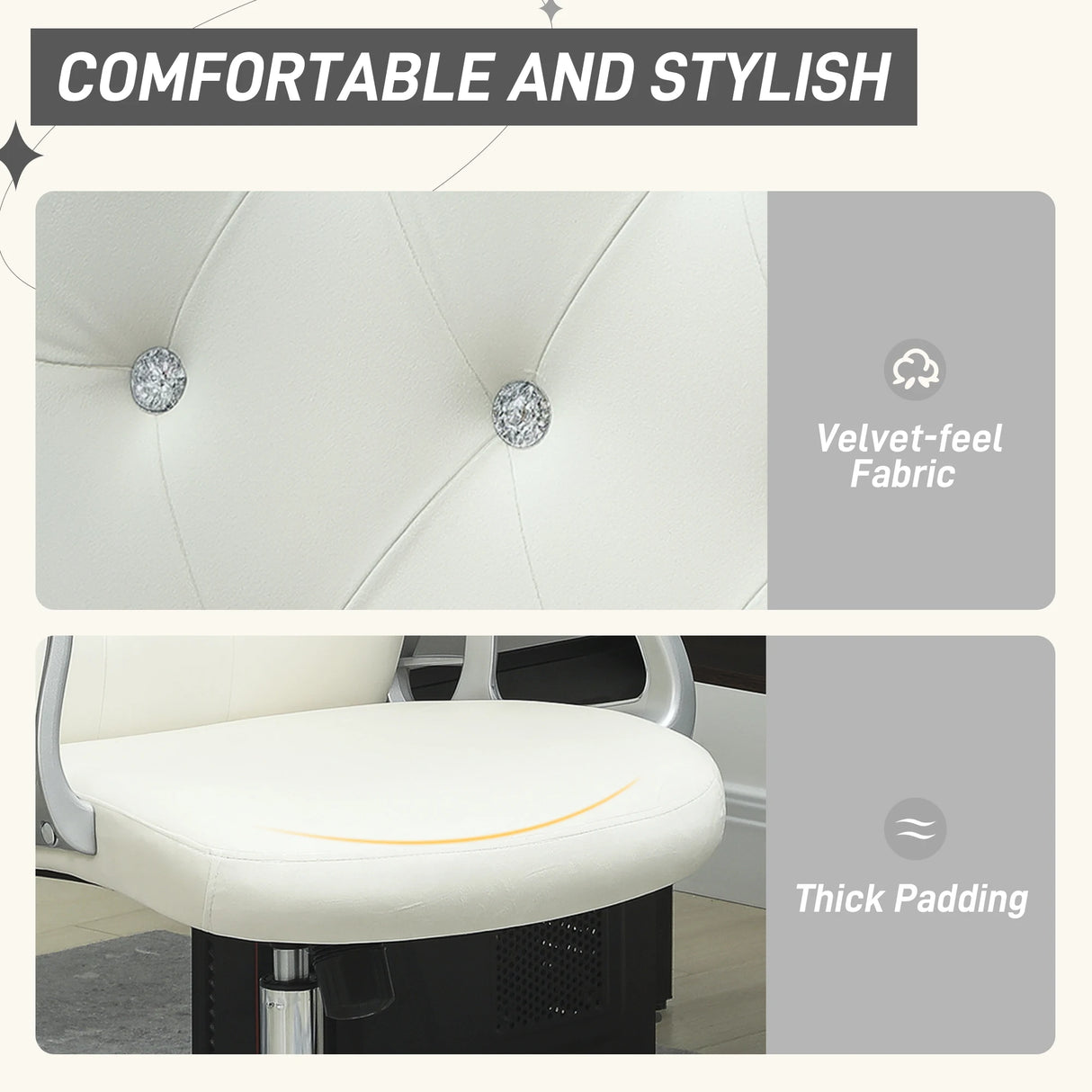 Vinsetto Velvet-Feel Work Chair, with Diamante Back - Cream