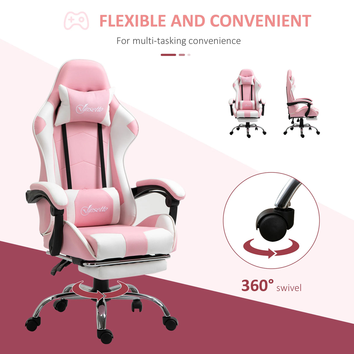 Vinsetto Ergonomic Gaming Chair, PU Leather Reclining Computer Chair with Footrest and Lumbar Support, Headrest and Adjustable Height for Adults, Pink