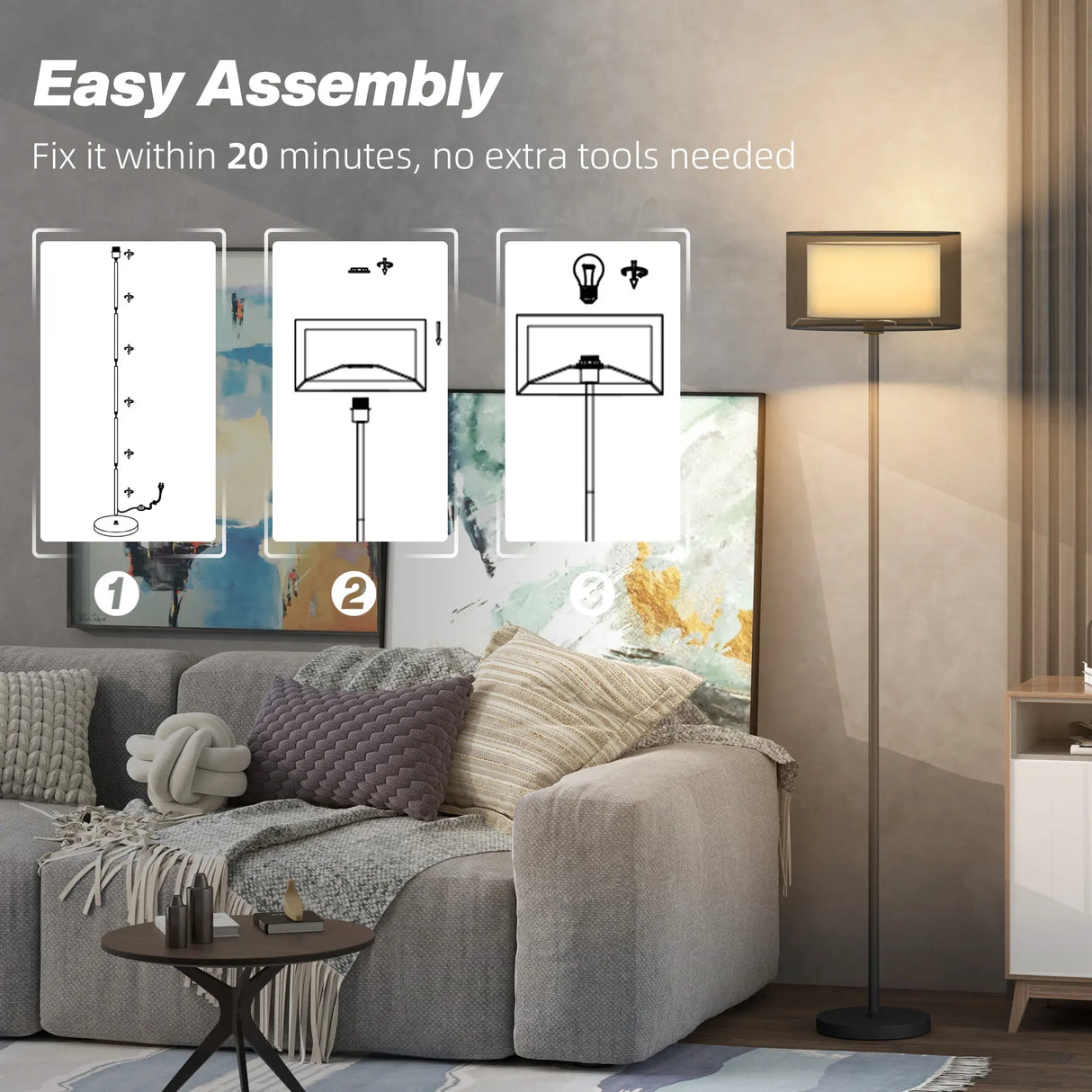 HOMCOM Floor Lamp for Living Room, Modern Standing Lamp with Double Layer Shade & Foot Switch, Minimalist Tall Pole Lampshade for Bedroom, Office, Black