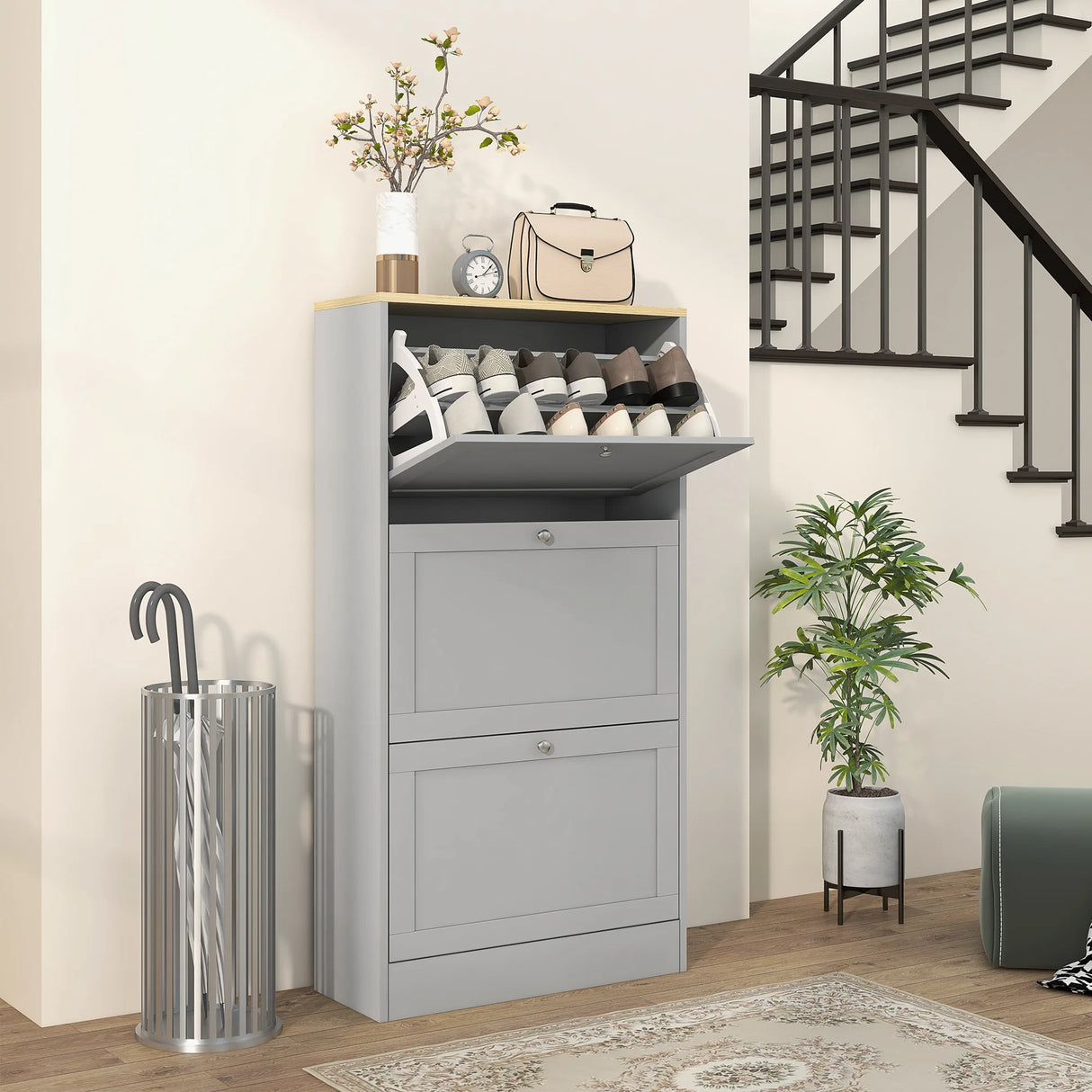 HOMCOM Modern Compact Three-Drawer Shoe Storage Cabinet - Grey