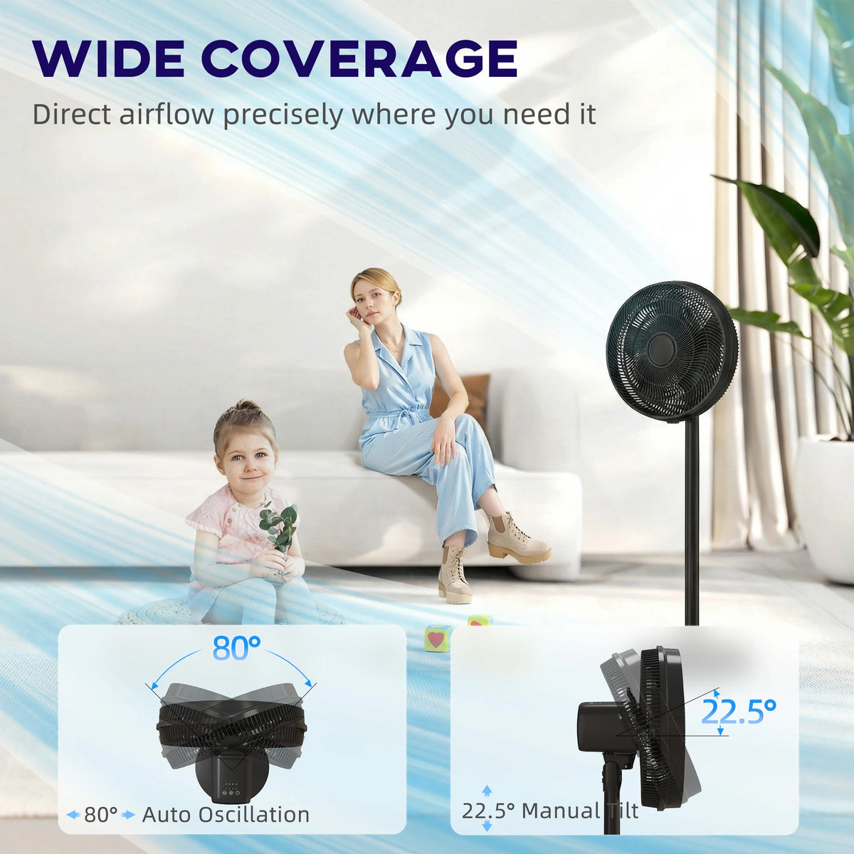 HOMCOM 40 cm Standing Fan, Cooling Floor Fan with 80 Oscillating, Adjustable Tilt and Height, 4 Speed, Remote Control, Black