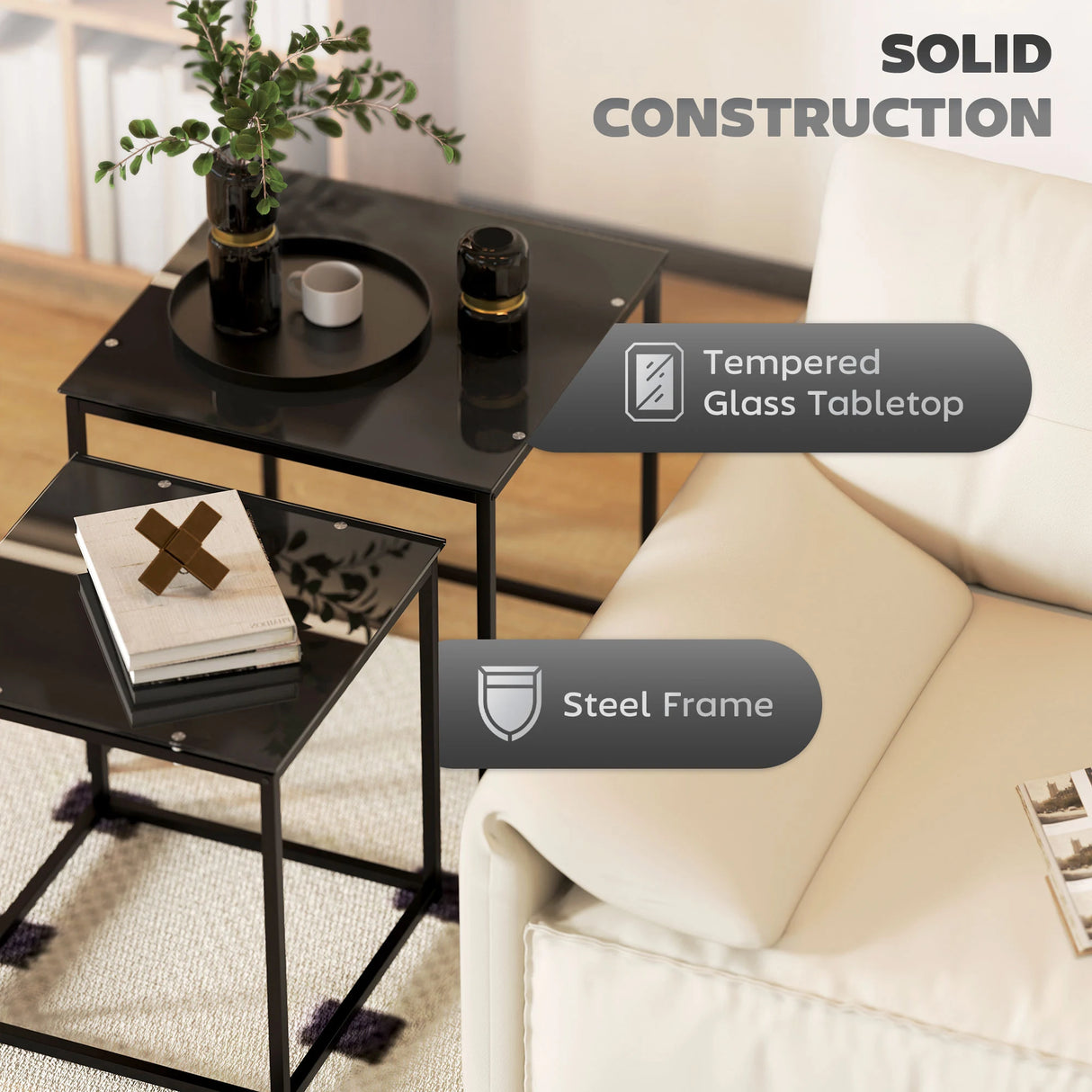 HOMCOM Nest of Tables, Set of 2 Coffee Table, Side Tables with Tempered Glass Desktop and Metal Frame for Living Room, Bedroom, Office, Black