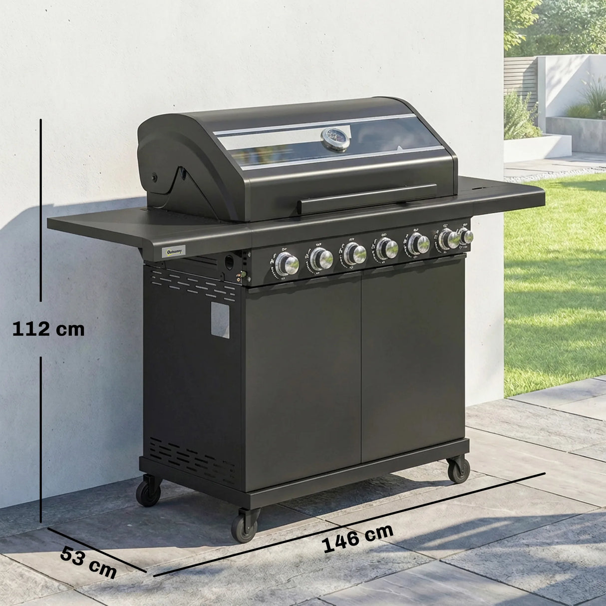 Outsunny 6+1 Burner Gas BBQ Grill, Outdoor Barbecue Trolley with Wheels, Warming Rack, Thermometer, Bottle Opener, Black