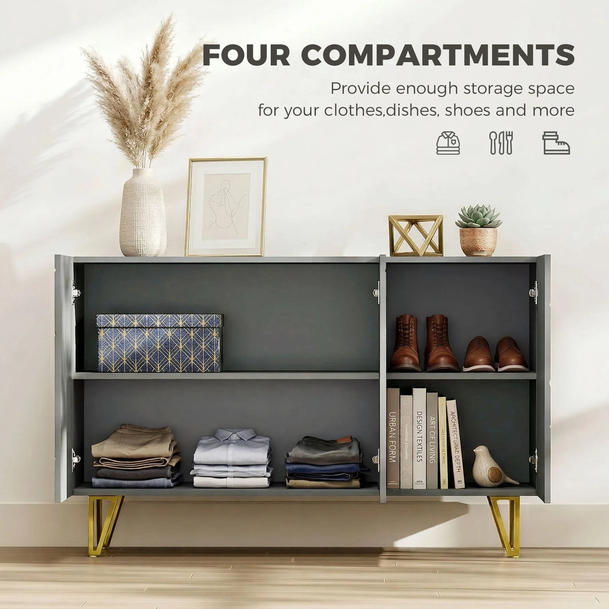 HOMCOM Modern Luxe High Gloss Sideboard, with Hairpin Legs, Grey