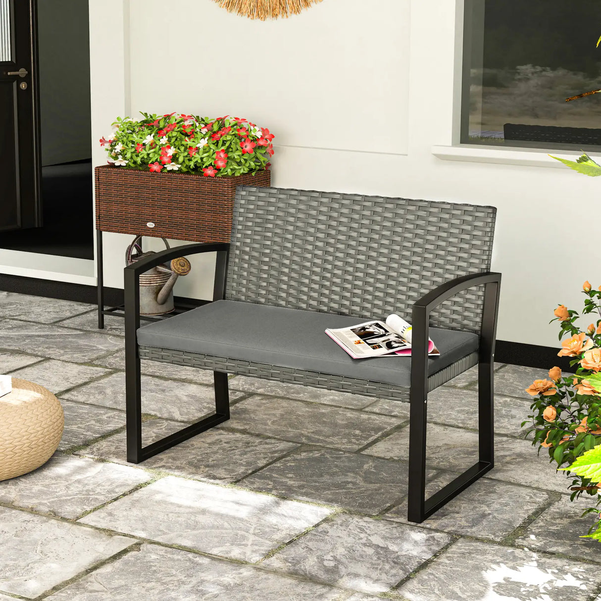Outsunny Two-Seater Rattan Garden Bench - Grey/Black