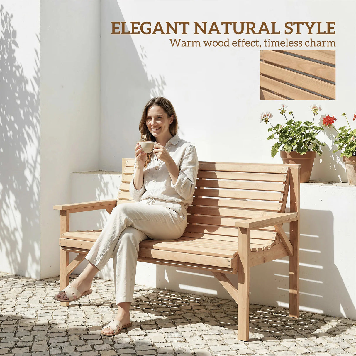 Outsunny 2 Seater Wooden Garden Bench, Slatted Patio Bench with Armrest and Backrest, Outdoor Furniture for Indoor, Balcony
