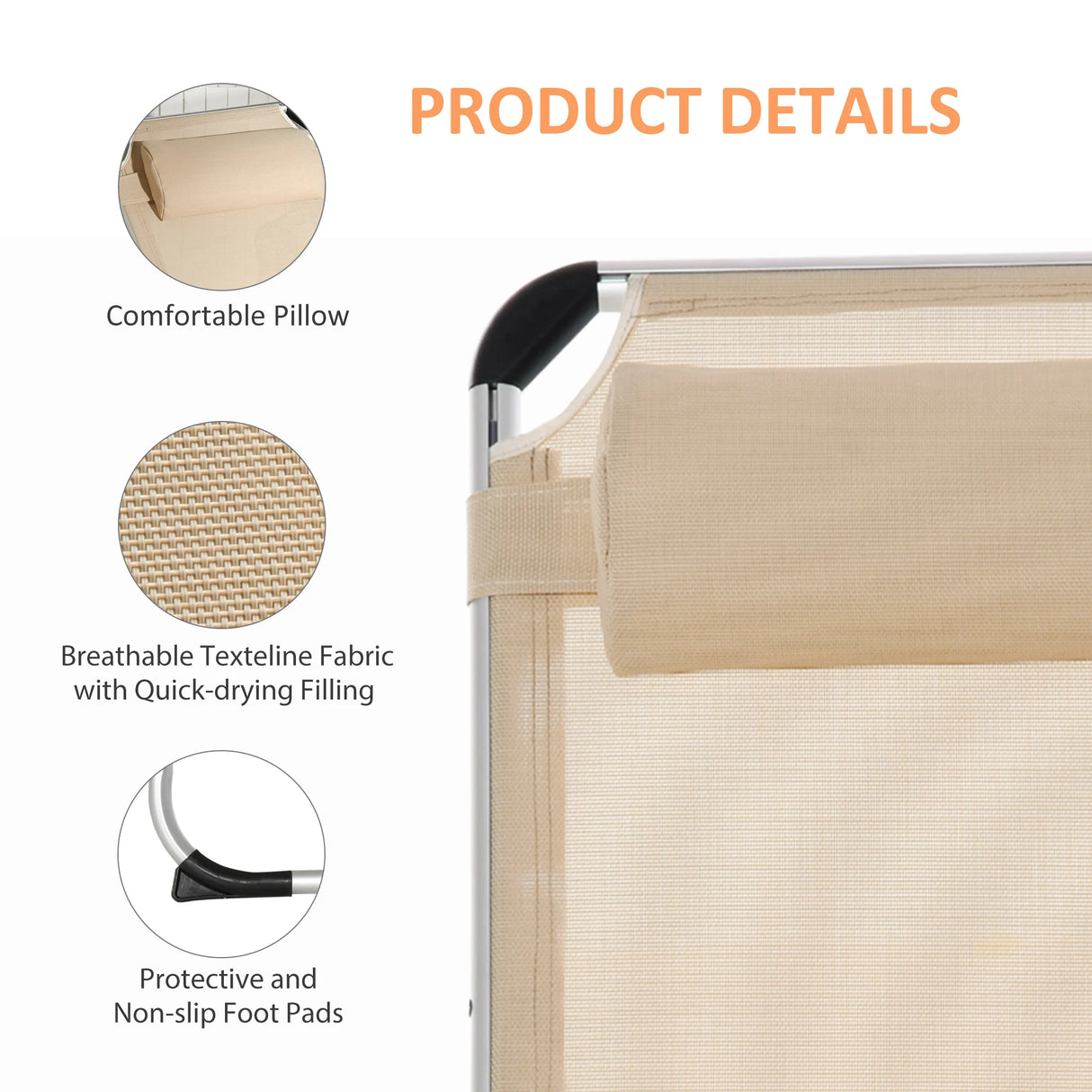 Outsunny Foldable Outdoor Sun Loungers Set of 2, Reclining Lounge Chair Camping Bed Cot with Pillow 4-Level Adjustable Back Aluminium Frame, Khaki