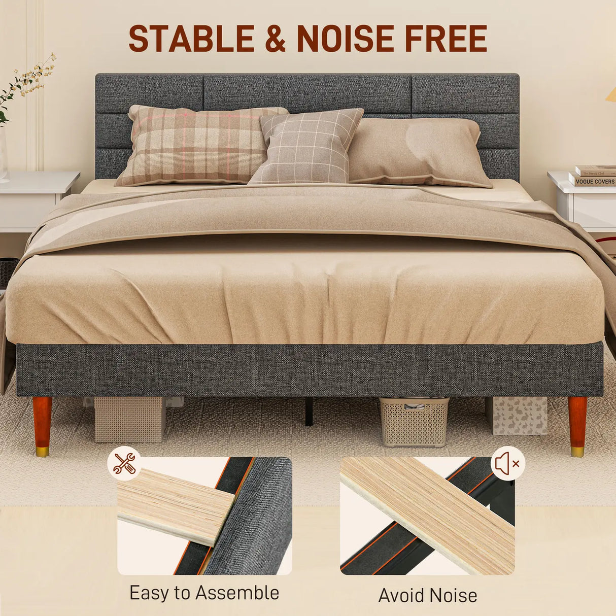 HOMCOM Upholstered King Bed Frame 154W x 206D x 87Hcm with Slats - Grey