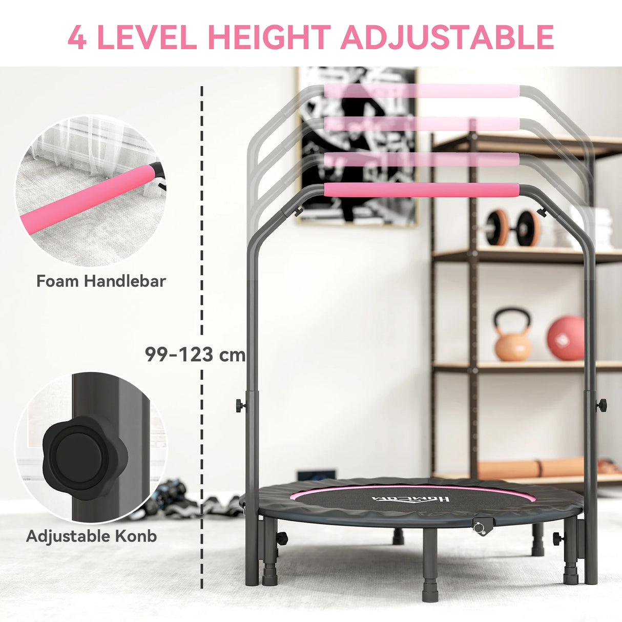 HOMCOM 45" Foldable Mini Fitness Trampoline, with Adjustable Foam Handle, Pink