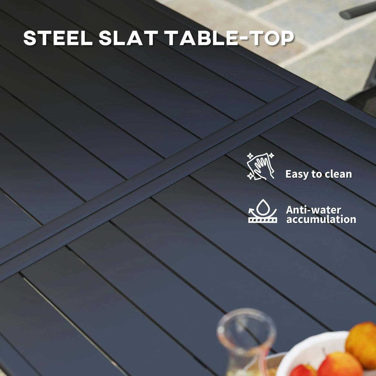 Outsunny Rectangle Garden Table with Slat Top, Steel Frame, Outdoor Table for 6 Person, 150 x 80 x 74 cm, Black