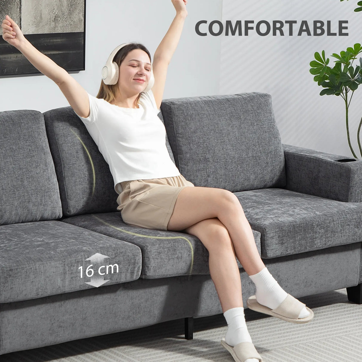 HOMCOM 3 Seater Sofa with USB Ports & Cup Holders - Grey