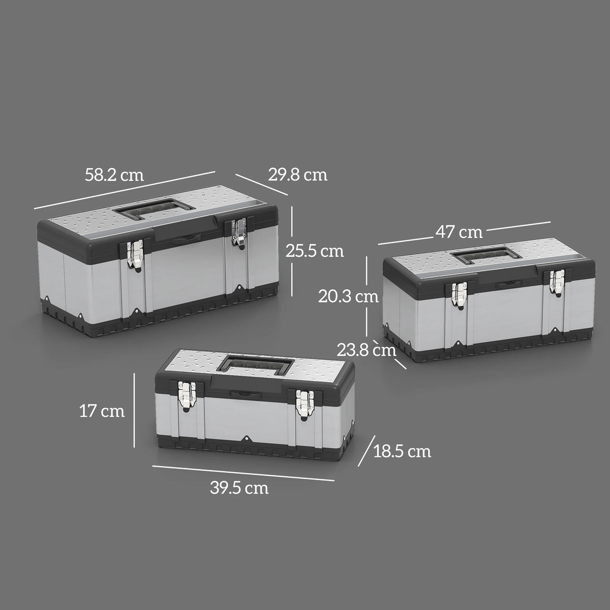 HOMCOM 3 Pieces Stainless Steel Toolbox Set, 23"/ 19"/ 16"