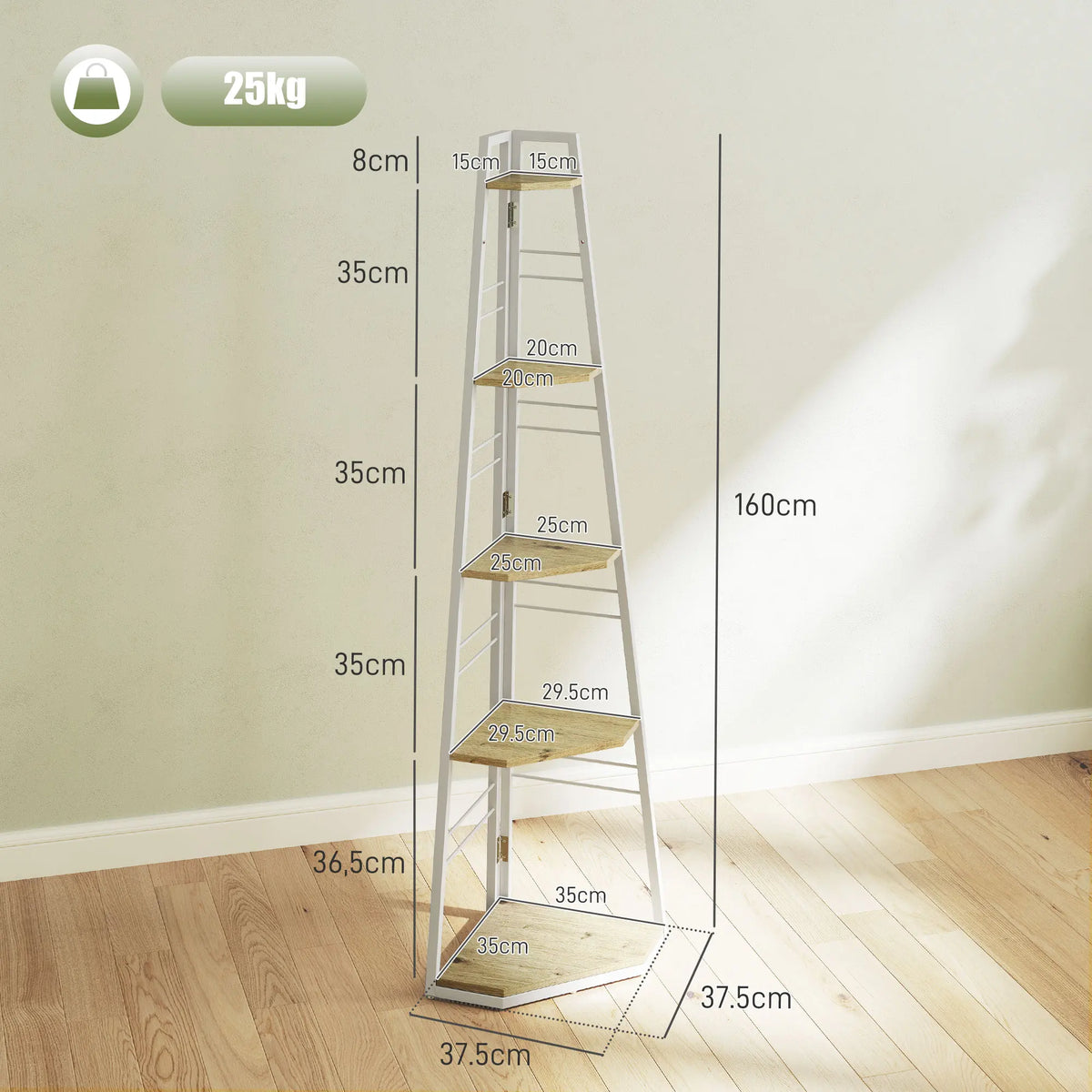 HOMCOM Five-Tier Corner Shelf - White/Wood-Effect