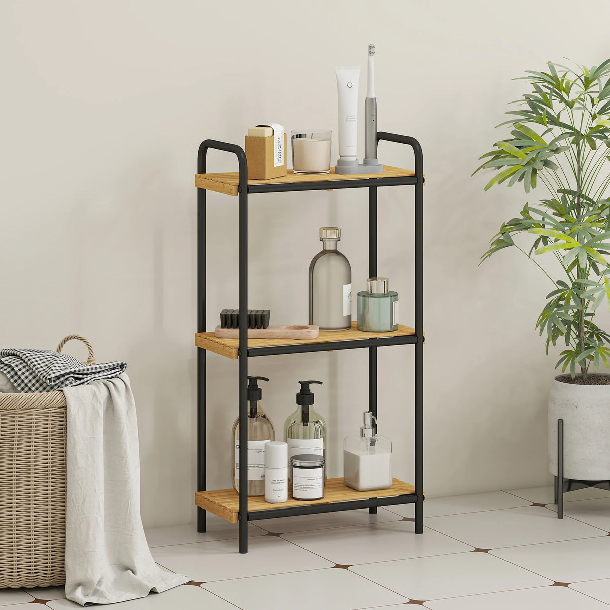 HOMCOM 3-Tier Bamboo Bathroom Storage Shelf, Freestanding Narrow Shelving Unit with Slatted Shelves for Kitchen Bathroom Living Room, 41.5 x 21.5 x 77.5 cm, Natural and Black