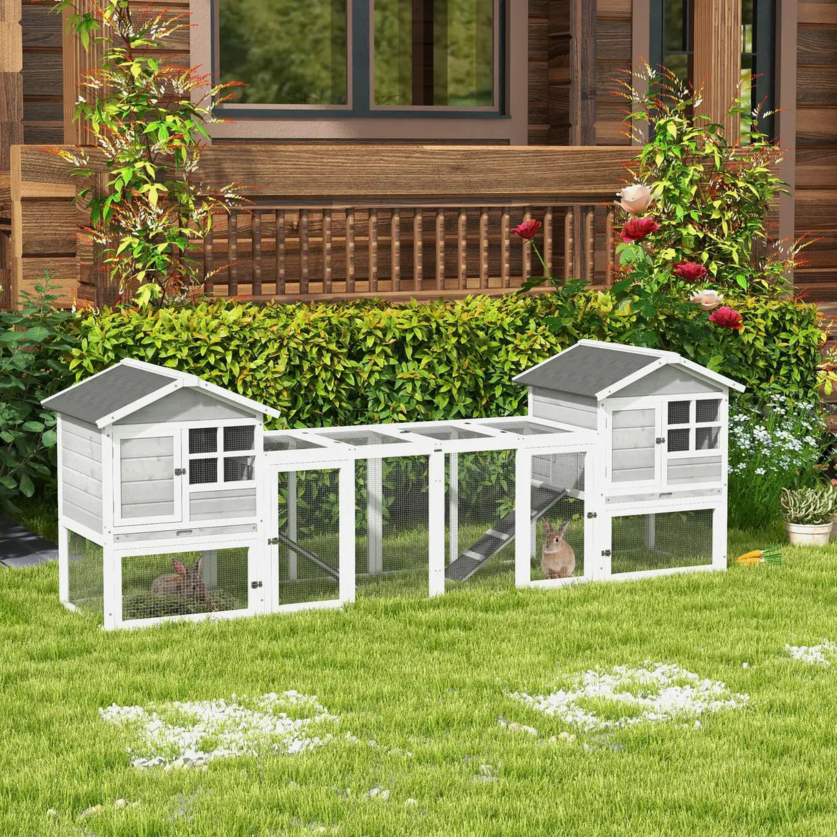 PawHut 2 in 1 Rabbit Hutch Outdoor Guinea Pig Hutch Bunny Run Double Main House with Run, No-Leak Tray 259 x 64 x 92cm, Grey