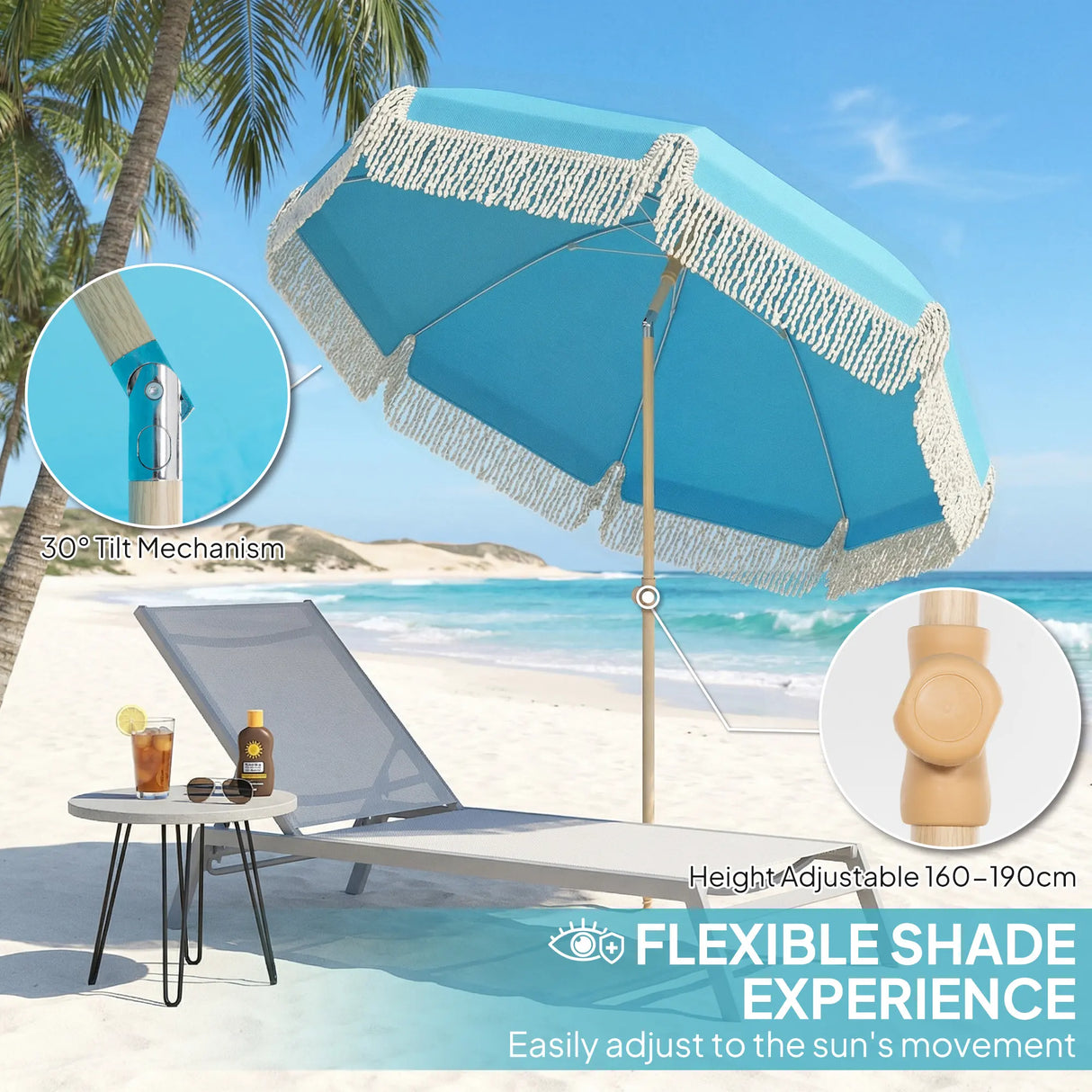 Outsunny 1.7 m Beach Umbrella with Sand Anchor, 30 Tilting Fringed Beach Garden Parasol with Adjustable Height, Grey