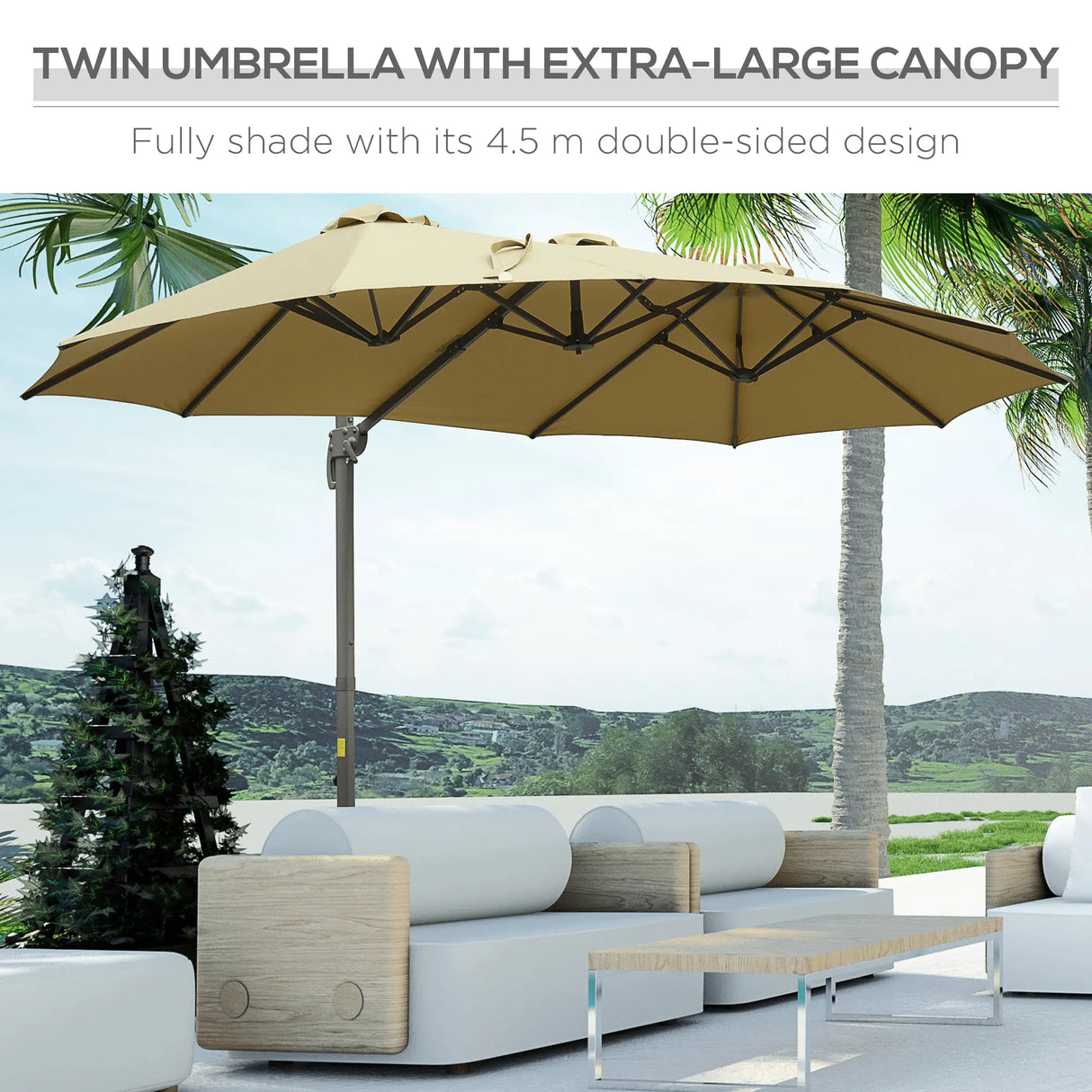Outsunny 4.5 m Patio Parasol, Large Double-Sided Rectangular Garden Umbrella with Crank Handle, 360 Cross Base for Bench, Outdoor, Khaki