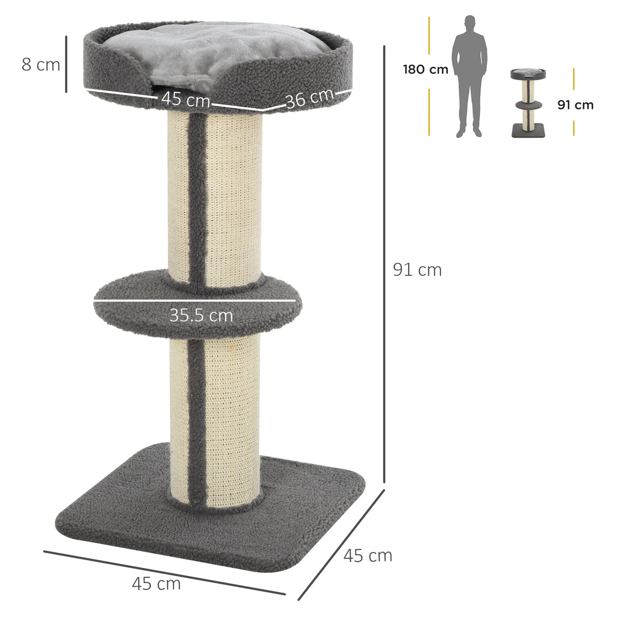 PawHut 91cm Cat Tower Scratching Posts Cat Tree for Indoor Kittens Activity Centre Grey