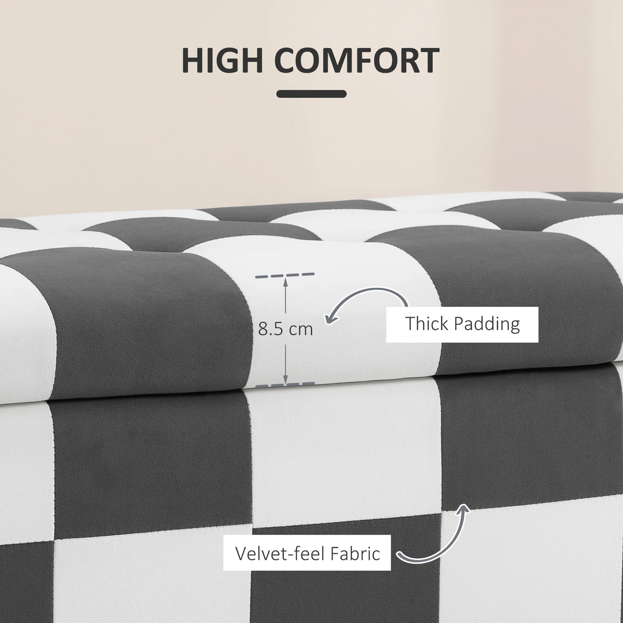 HOMCOM 114 x 47 x 47cm Velvet Storage Ottoman, Button-tufted Footstool Box, Toy Chest with Lid for Living Room, Bedroom, Dark Grey and White