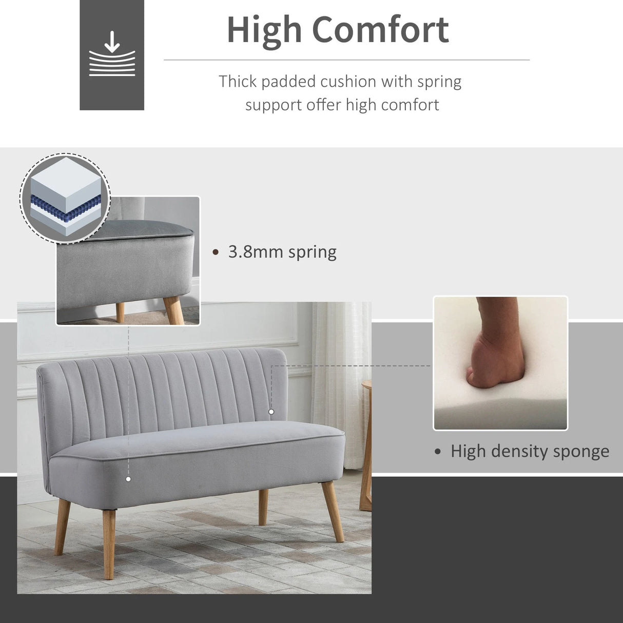 HOMCOM Modern Velvet Double Seat Sofa w/ Wood Frame Foam Padding High Back Soft Comfortable Compact Couch Light Grey