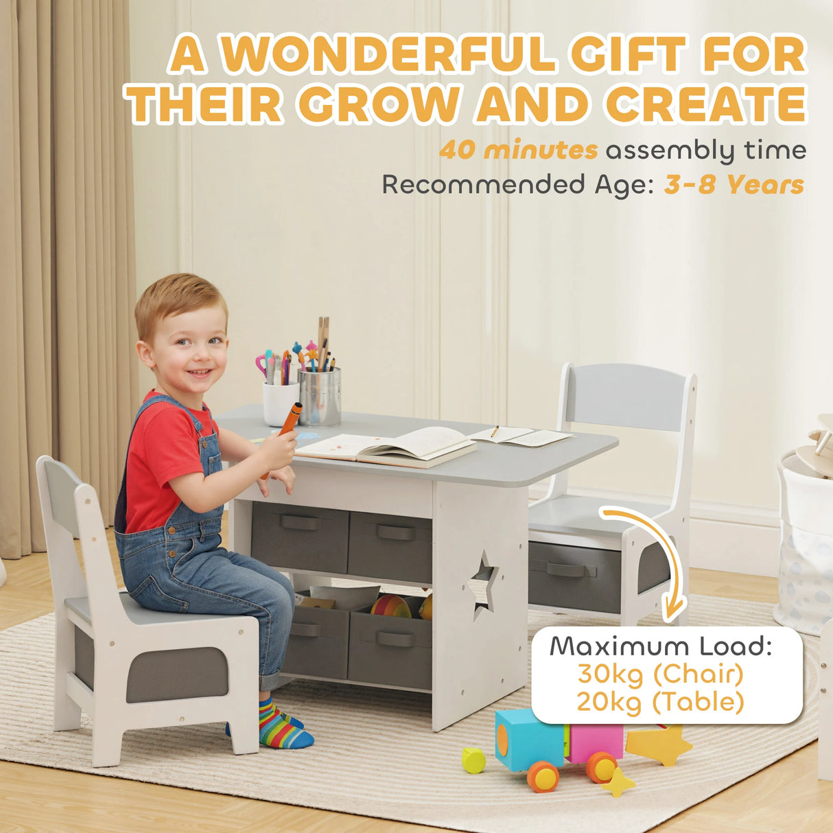 AIYAPLAY Kids Table and Chair Set, Toddler Table and 2 Chairs Set with 6 Removable Drawers, for Boys Girls Ages 3-8, Light Grey