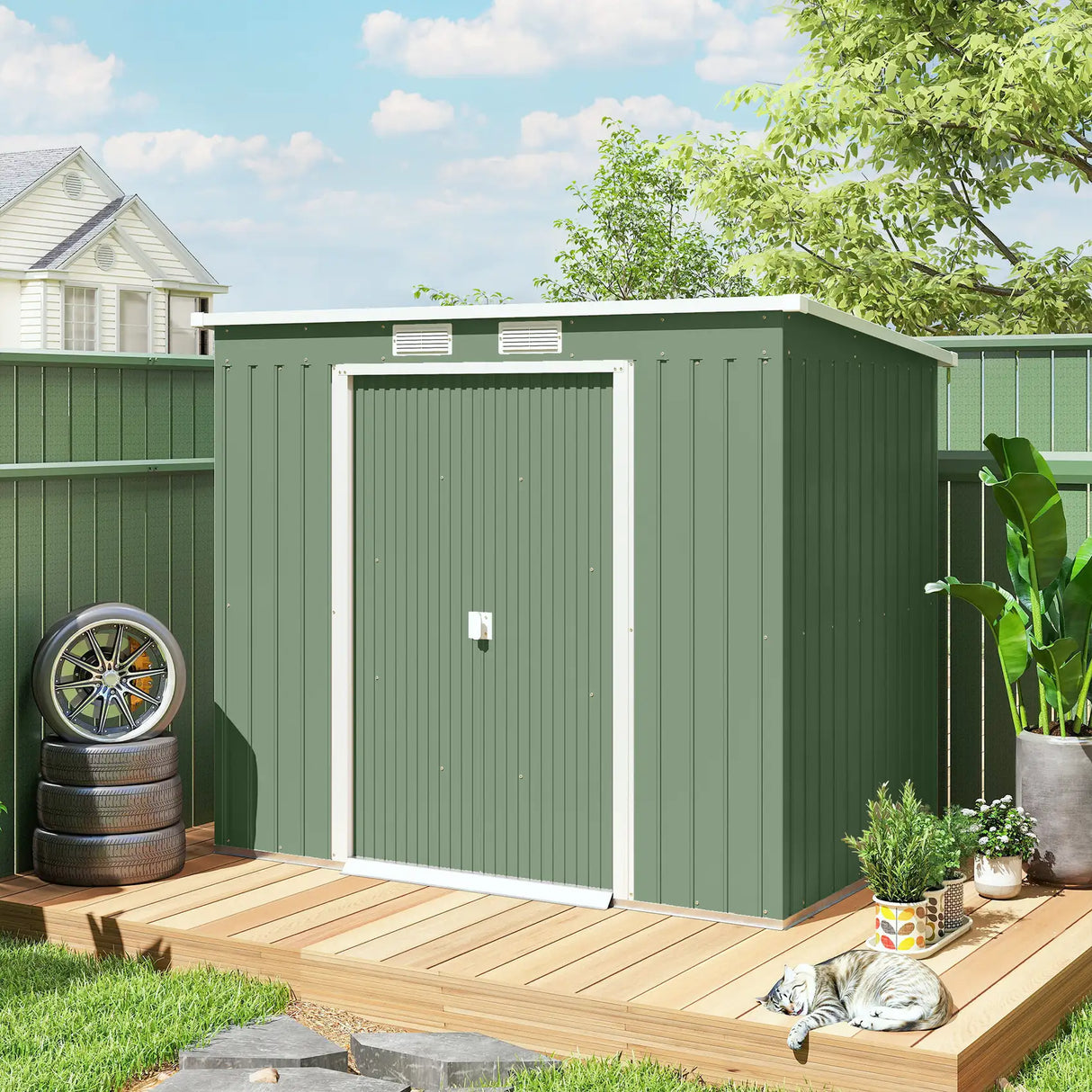 Outsunny 7 x 4ft Galvanised Steel Garden Shed, with Foundation Kit - Green