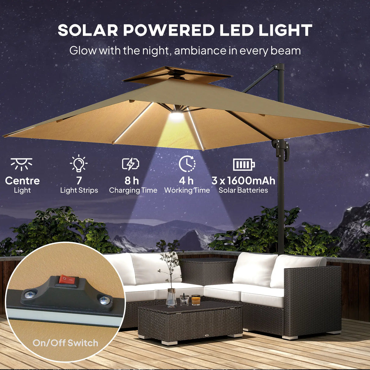 Outsunny 2.5m Cantilever Parasol with Solar Powered LED Lights, 360 Rotation, Tilt Adjustment, Crank Handle, Khaki