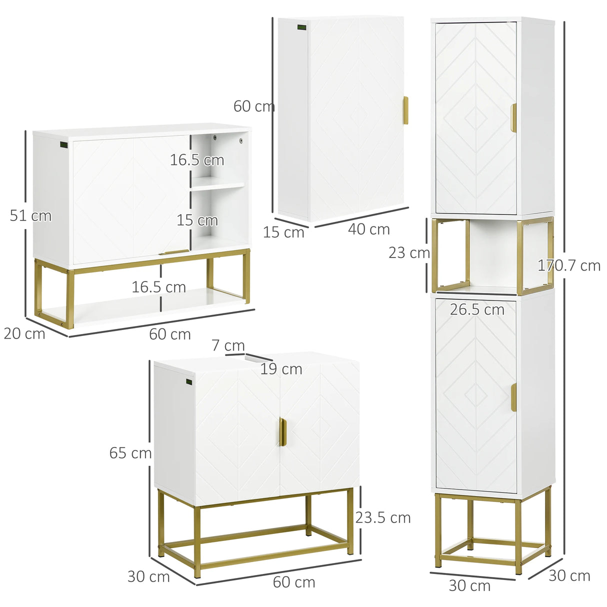 kleankin 4 Piece Bathroom Furniture Set, Freestanding Tall Bathroom Cabinet, Under Sink Storage Cabinet, 2 Wall Mounted Cabinets, White