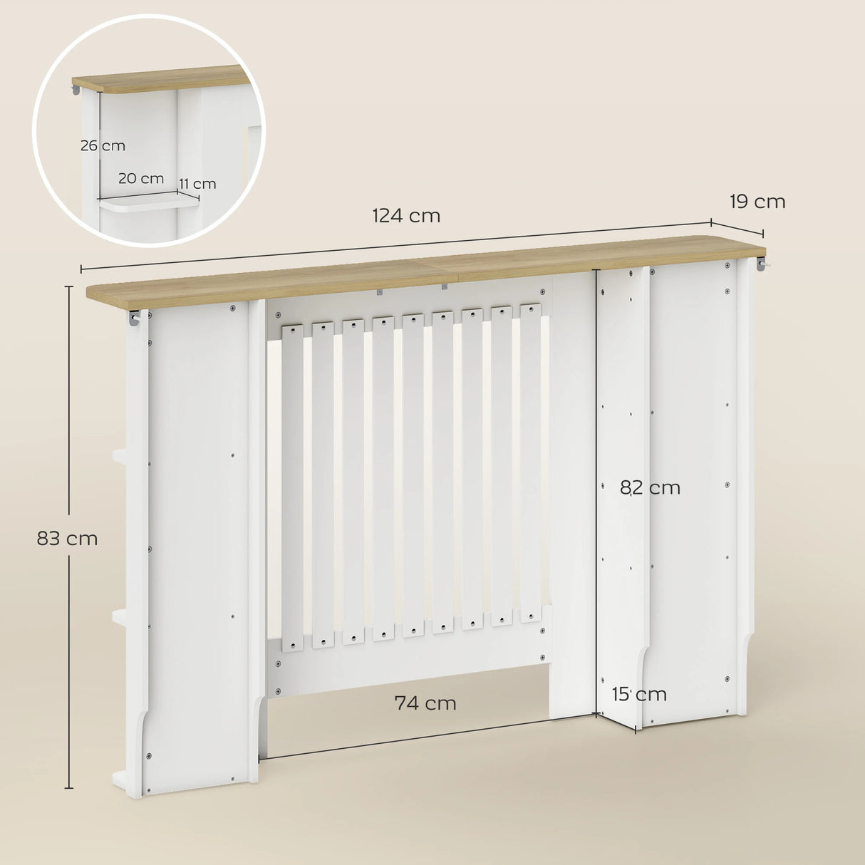 HOMCOM Radiator Cover with Open Storage Shelves, Vertical Slatted Cabinet Shelf Heater Cover for Living Room, Hallway, Medium, White (H: 83 / W: 124 / D: 19 cm)
