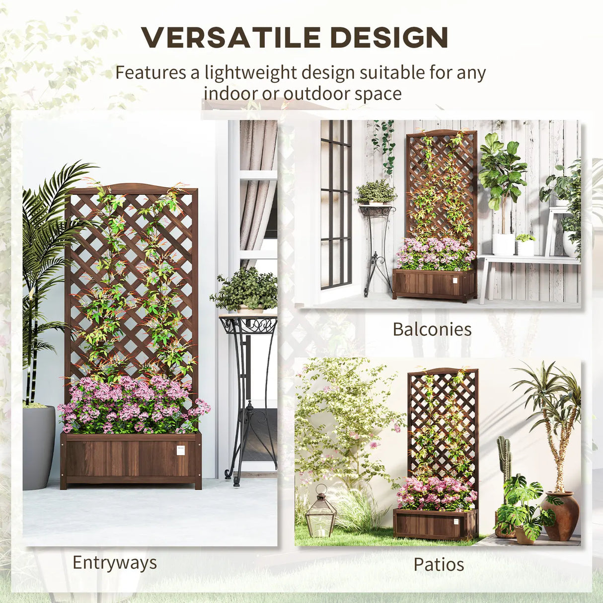 Outsunny 53L Garden Wooden Planter Box with Trellis Free Standing Flower Raised Bed with Lattice for Climbing Plants, 76cm x 36cm x 170cm, Dark Brown