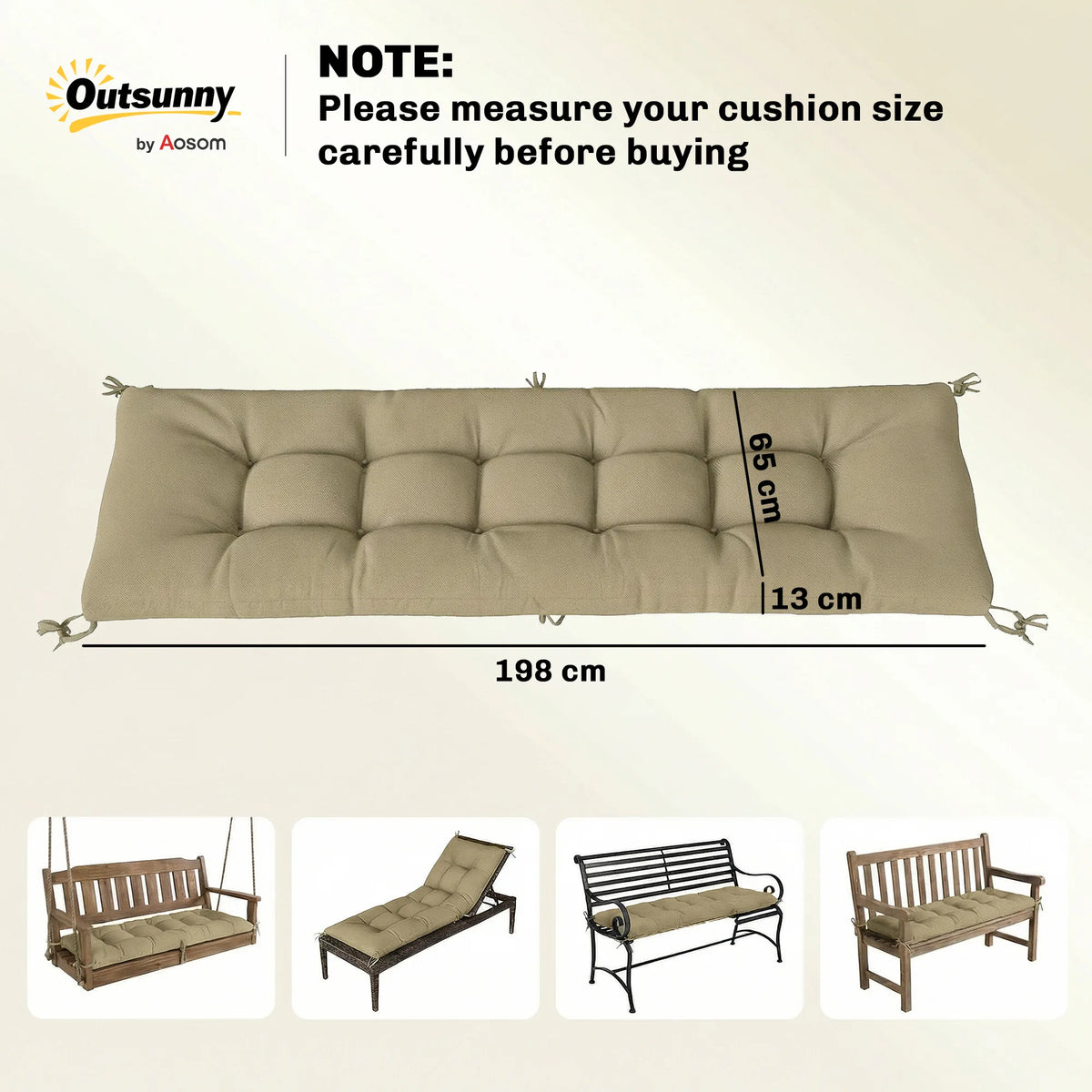 Outsunny Sun Lounger Cushion, Memory Foam Patio Chair Cushion with Ties, Outdoor Seat Pad Fits 190 x 60 cm Lounger, Sand