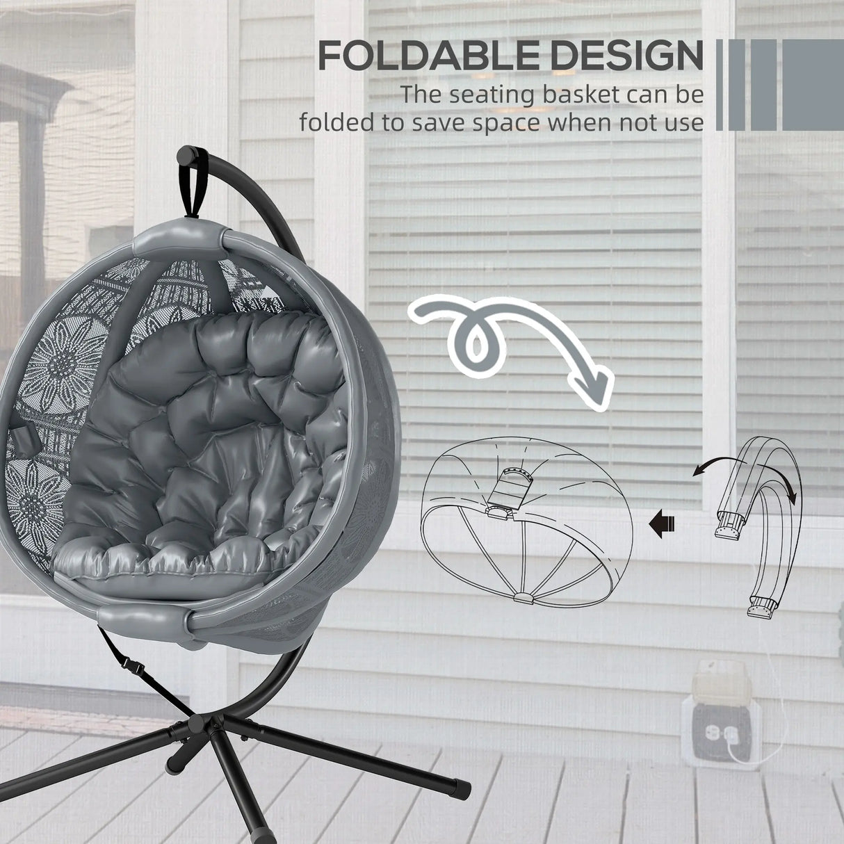 Outsunny Round Egg Basket Chair, with Steel Stand, Charcoal Grey