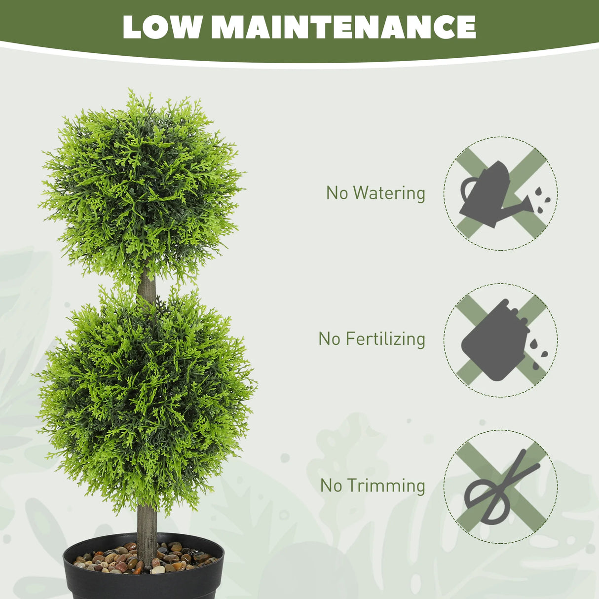 HOMCOM Set of 2 Decorative Artificial Plants, 60cm Faux Topiary Cypress Ball Trees with Plastic Pot and Pebbles, Fake Plants for Home Office Decor, Green