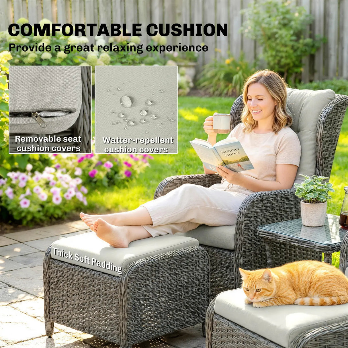Outsunny 5 Piece Garden Furniture Set, Rattan Reclining Garden Chair Set of 2 with Footstool and Cushion for Balcony, Cream