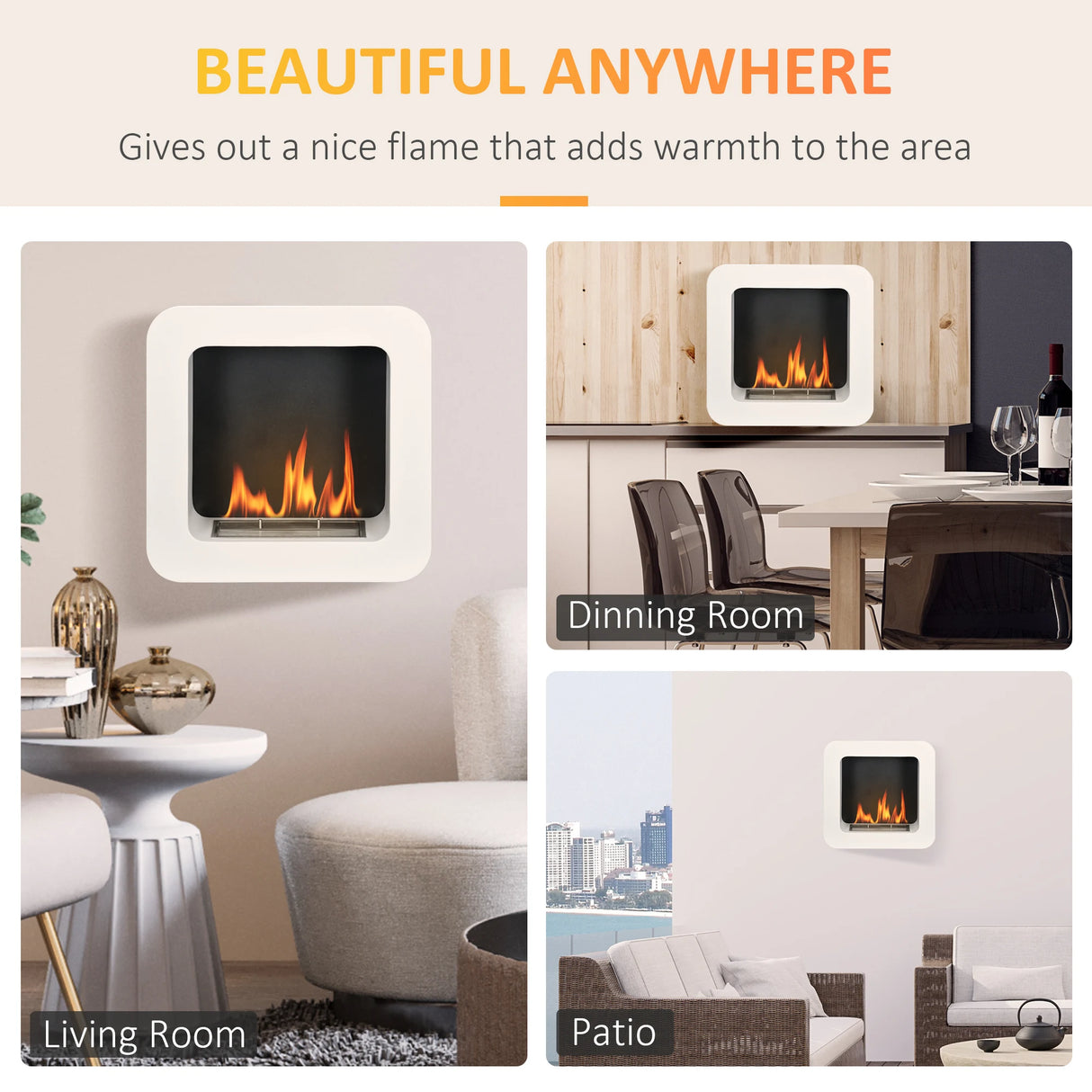 HOMCOM Wall Mounted Ethanol Fireplace, Bioethanol Heater Stove Fire with 1L Tank, 2.5 Hour Burning Time, 48 x 48 cm, White