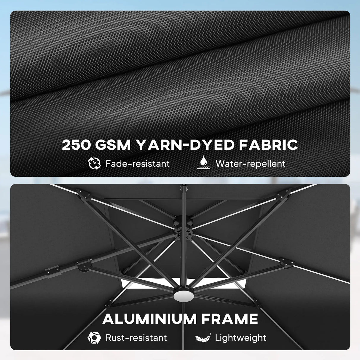 Outsunny 3.5x3 m Garden Cantilever Parasol with Solar LED Lights and Centre Light, Aluminium Large Square Patio Umbrella, UPF50+ Hanging Sun Shade with Cross Base, Crank Handle and Tilt, Grey