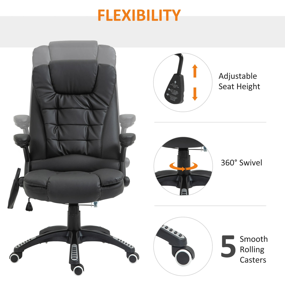 HOMCOM 6-Point Massage Office Chair with Seat Heated for Home Office, PU Leather High Back Executive Desk Chair with Adjustable Height and 360 Swivel for Work Study, Black