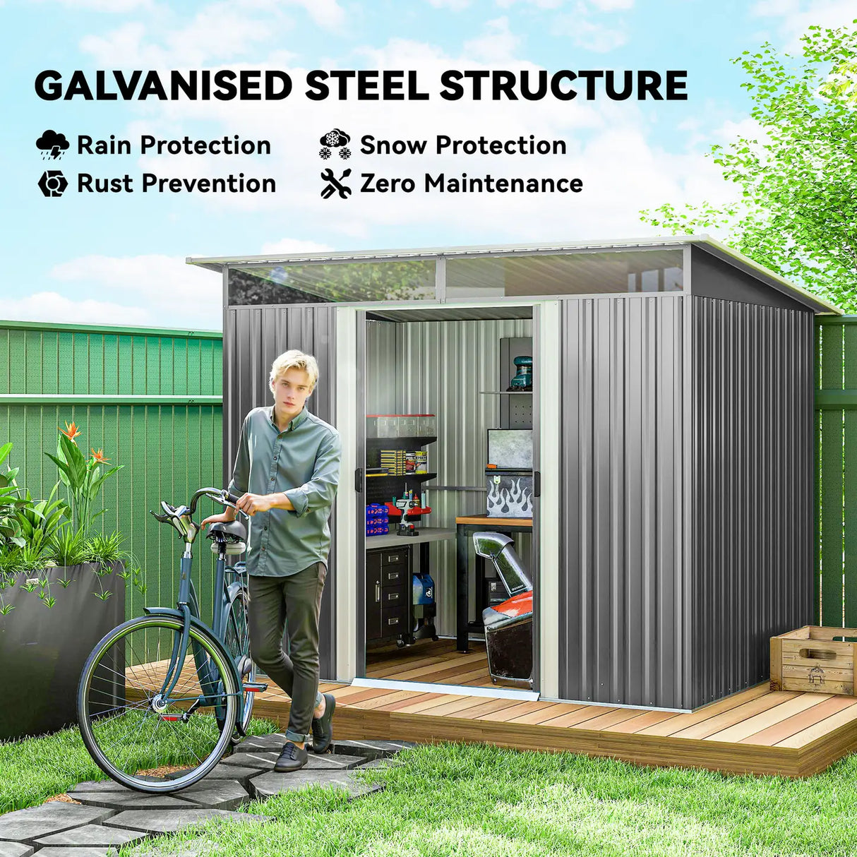 Outsunny Garden Metal Storage Shed House Hut Gardening Tool Storage w/ Tilted Roof and Ventilation 8.5 x 6ft, Grey