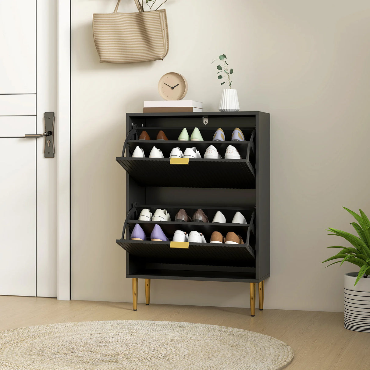 HOMCOM Narrow Shoe Cabinet with 2 Flip Drawers - Black