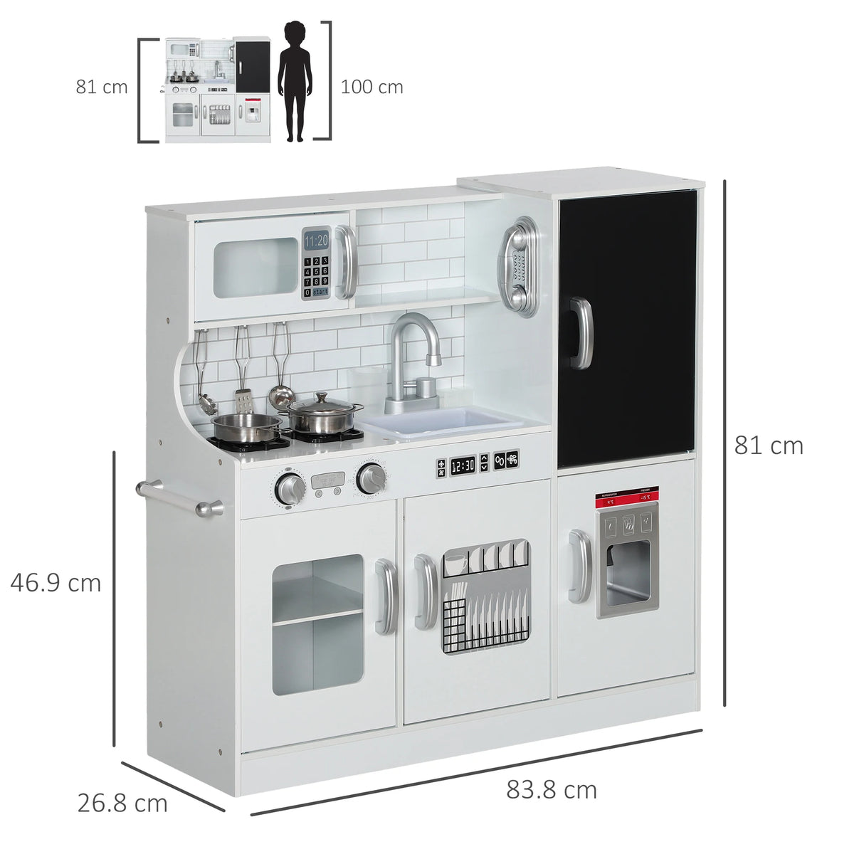 AIYAPLAY Pretend Play Kitchen, Kids Kitchen Playset, with Toy Phone, Chalkboard, Microwave, Cooking Stove, Sink, White