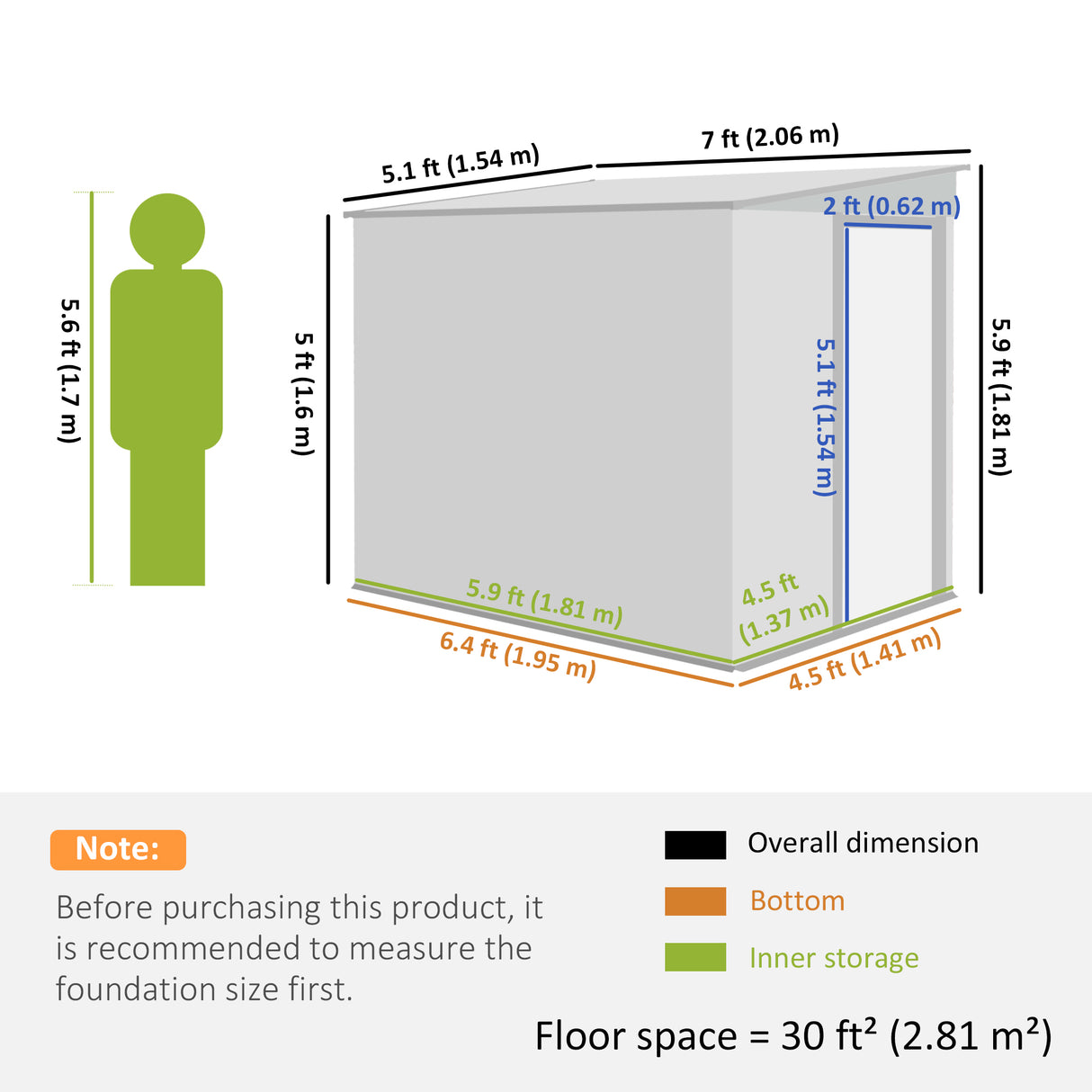 Outsunny 7 x 5ft Galvanised Metal Shed, with Sliding Door - Green