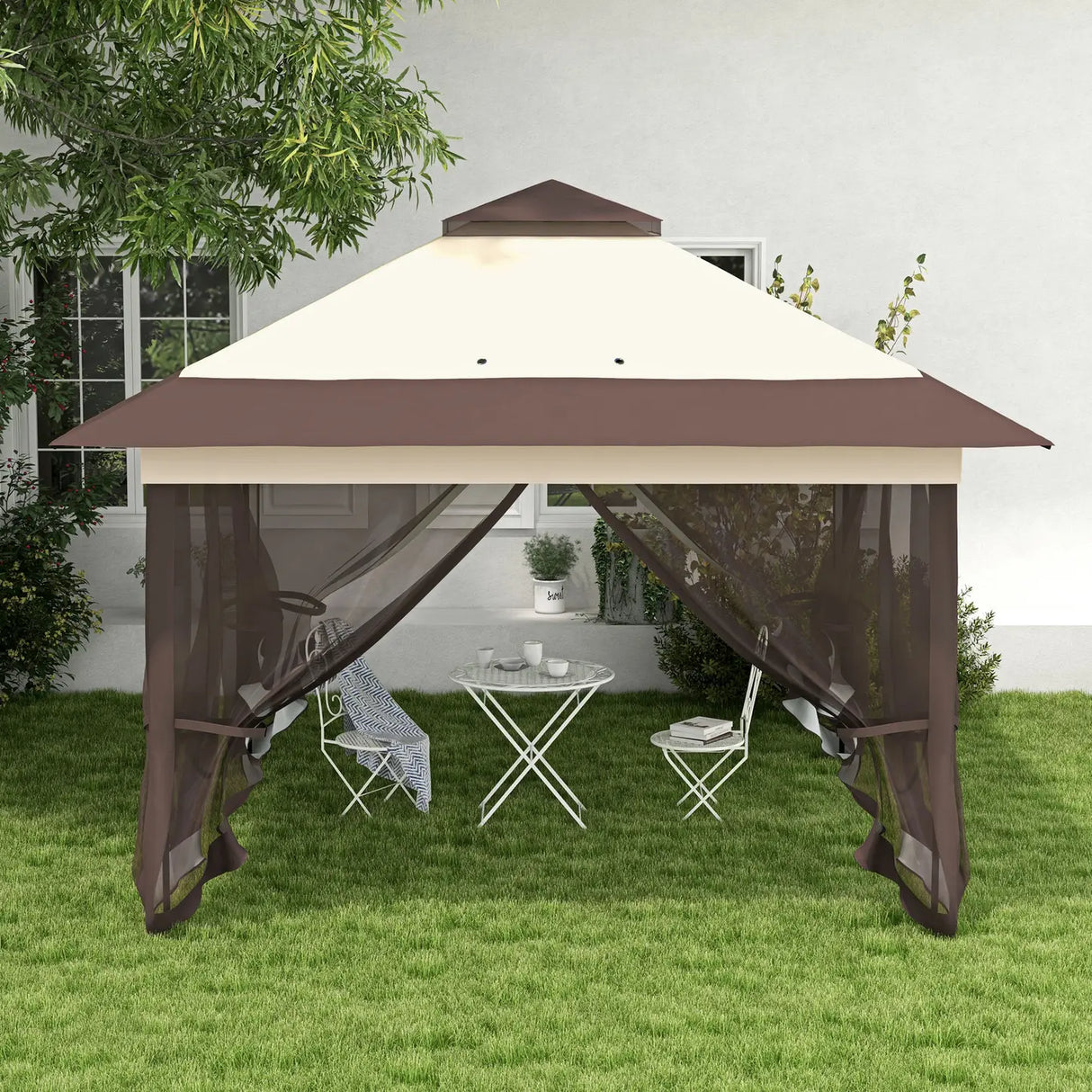 Outsunny 3.6 x 3.6 m Pop up Gazebo with Netting, Height Adjustable Party Tent Instant Canopy Sun Shade Shelter, Khaki