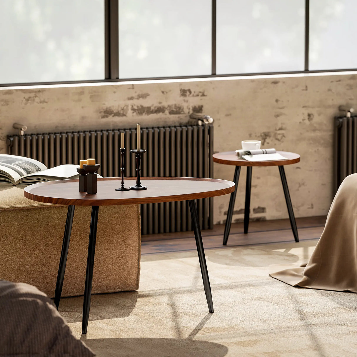 HOMCOM Nesting Coffee Table Set of 2, 80cm Modern Stacking End Side Table with Metal Legs for Living Room Bedroom Office, Chestnut Wood Effect